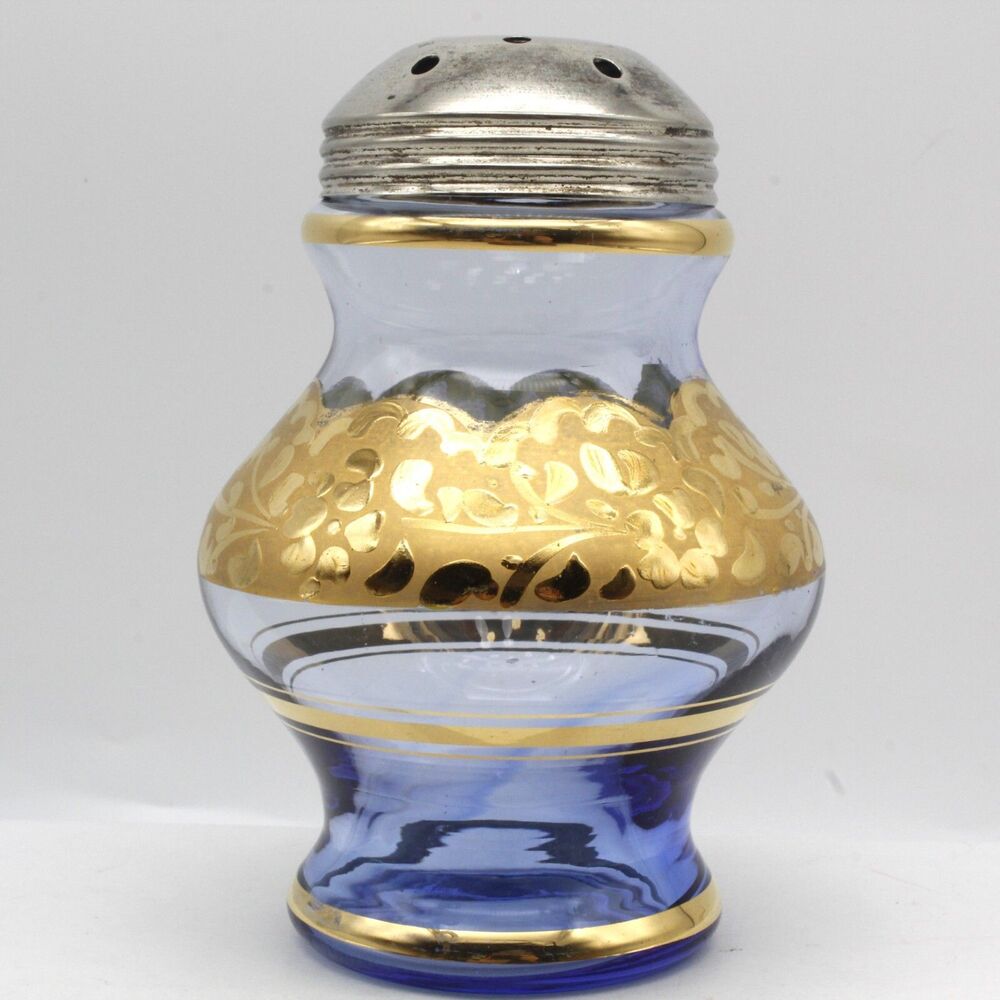 Sugar Shaker Blue Gold Floral Design Antique Hand Blown Bohemian Glass
